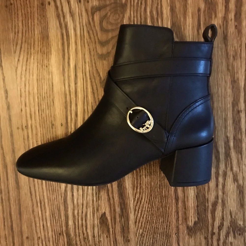 Coach Black Ankle Boots with Chunky Heel and Metallic Detail